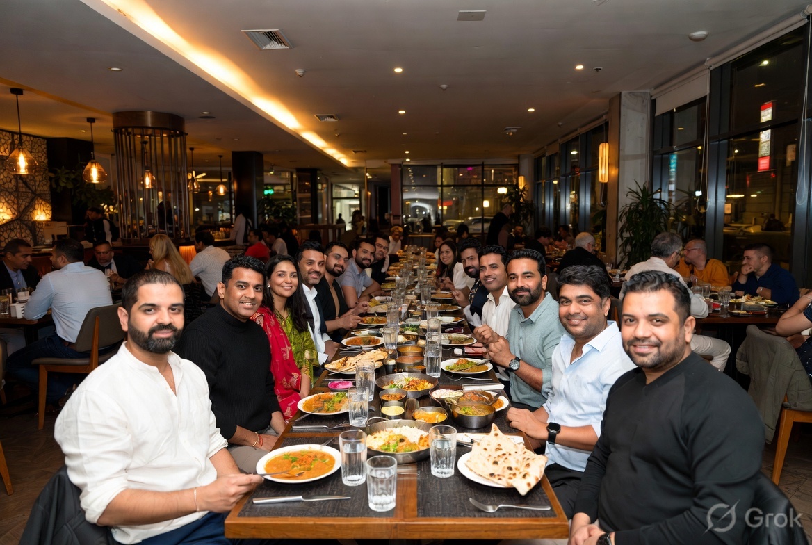 Large group seated for Indian banquet dining at Melbourne restaurant